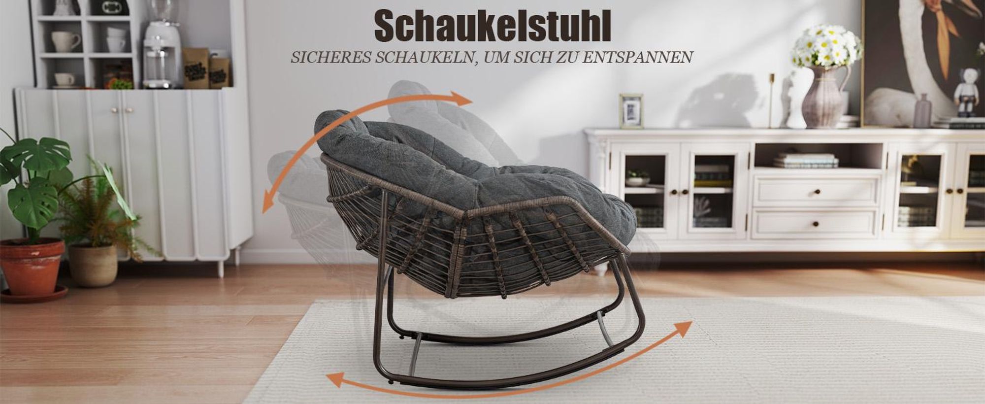 LVHOM Schaukelsessel Garten mit gepolstertem Kissen, Rattanstuhl mit Stahlrahmen, Schaukelstuhl Outdoor Loungesessel, Sessel für Balkon, Dunkelgrau