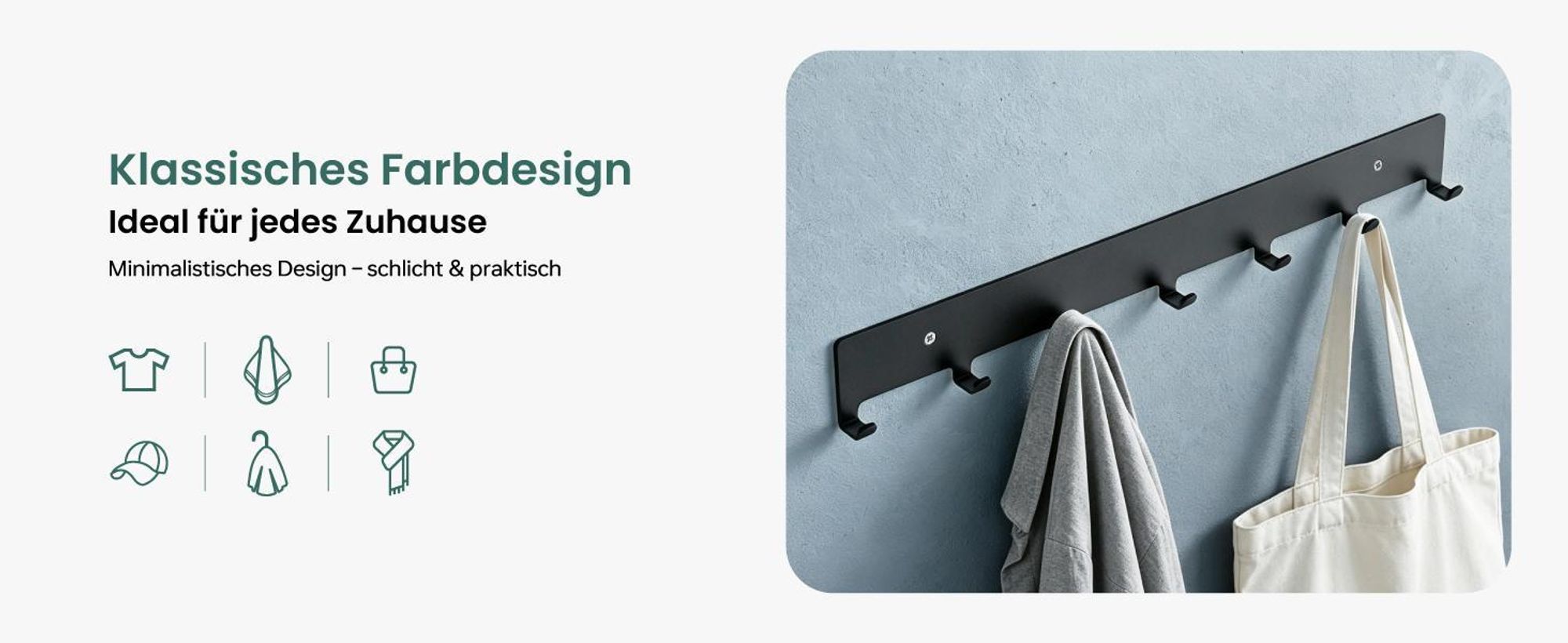 Mai & Mai Kleiderhaken Garderobenhaken zum Bohren oder Kleben, Wandhaken mit 7 Haken, Garderobenleiste Wandgarderobe 50cm Weiß Stalo-17