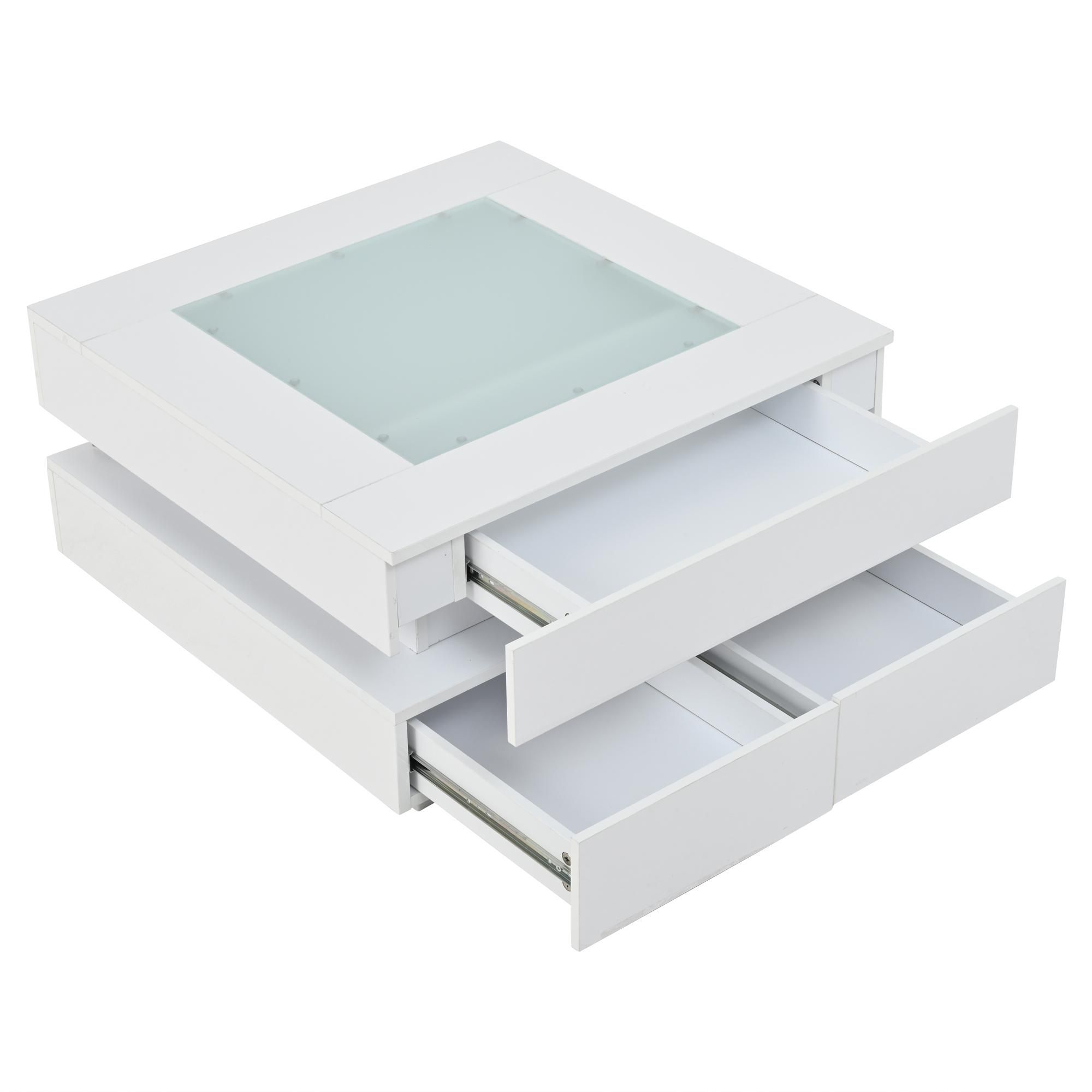 Merax LED-Couchtisch mit Glasplatte, Beistelltisch Wohnzimmertisch mit 3 Schubladen, moderner Sofatisch für kleine Räume, Hochglanz Weiß