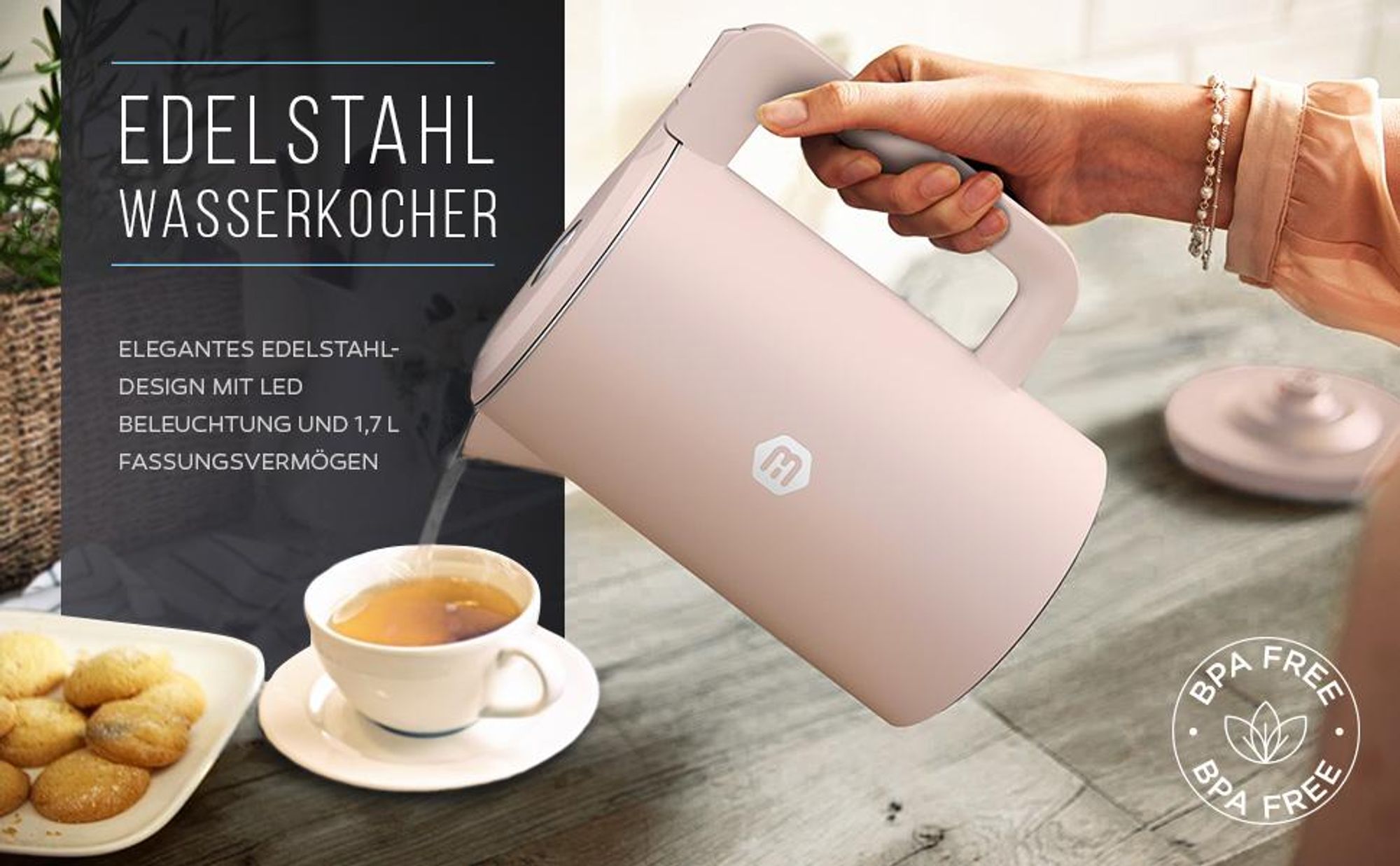 Balter Wasserkocher Edelstahl 1,7L, 2200W, BPA-frei, LED-Beleuchtung, Doppelwand, Teekessel mit Abschaltautomatik, Trockenlaufschutz, Pink