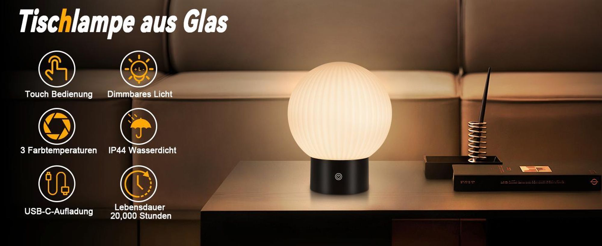 ZMH Lampa Stołowa Bezprzewodowa Lampa Nocna LED Akumulatorowa Lampa Stołowa Biała Ściemnialna Lampa Dotykowa Akumulatorowa Lampa Stołowa USB Okrągłe Szklane Lampy Stołowe