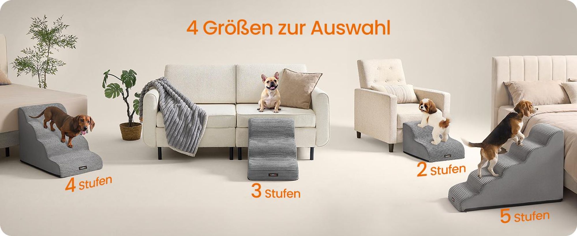 FEANDREA Hundetreppe, 5-stufig-Haustiertreppe, Cord mit Querstreifen, rutschfest, abnehmbarer waschbarer Bezug, Grau