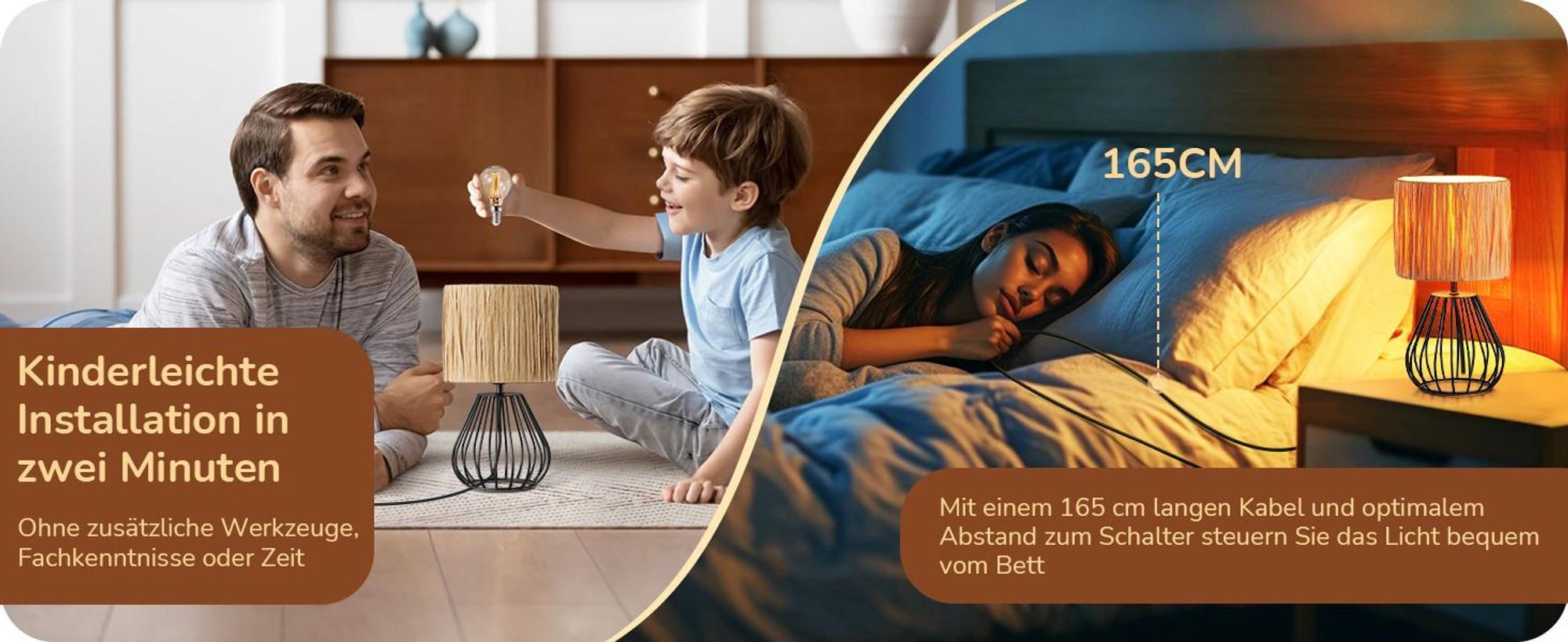 EDISHINE Nachttischlamp Wohnzimmer, Boho Tischlampe mit inkl. 4W LED-Leuchtmittel, Schwarz