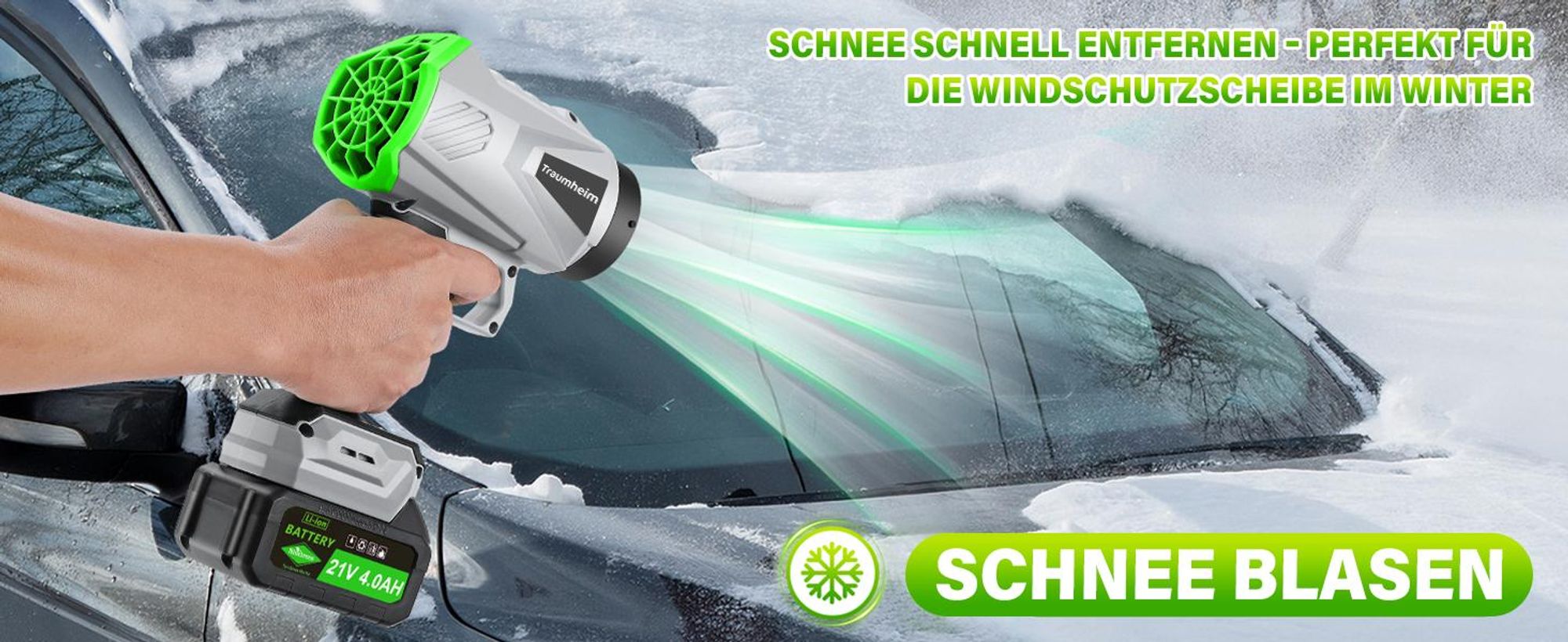 Akku Laubbläser, Handgebläse mit Turbostrahl 65m/s, 400CFM, Bürstenloser Motor, 2×4000mAh Akku, Leicht, Kabellos, Garten, Terrasse, Autoreinigung
