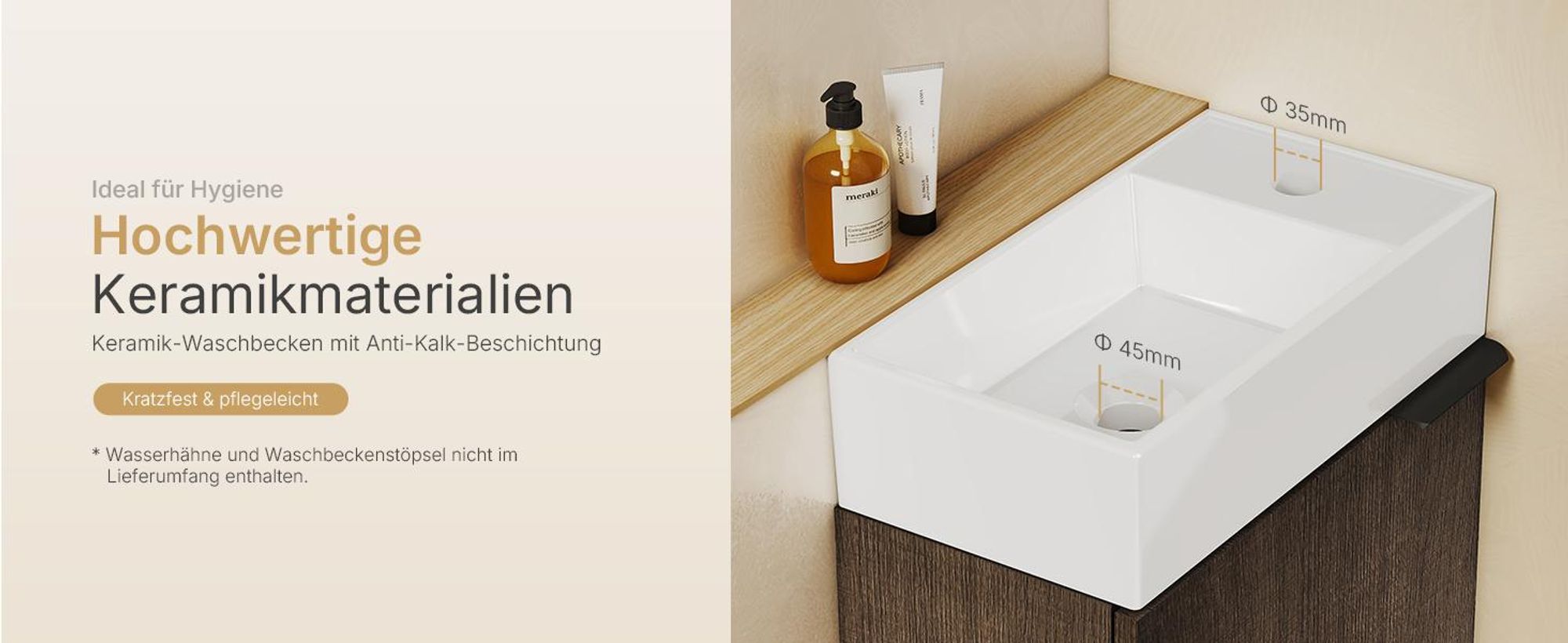 EMKE Waschbeckenunterschrank mit waschbecken 417×240×646 mm wandhängend, Badezimmerschrank, Waschtischunterschrank Soft-Close, Räuchereiche-Optik