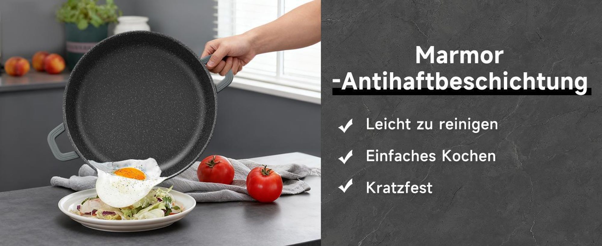 Scheffler Servierpfanne Induktion, 28 x 7,5 cm Schmorpfanne aus Aluminiumguss, Pfanne Bratpfanne mit Marmor-Antihaftbeschichtung, Glasdeckel