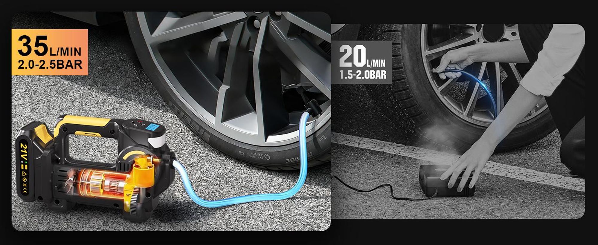 Akku Kompressor 4 in 1: multifunktionale Luftpumpe mit punktgenauer Digitalanzeige & Druckkontrolle, LED-Notleuchte & SOS, mit 1500mAh Akku &Netzkabel