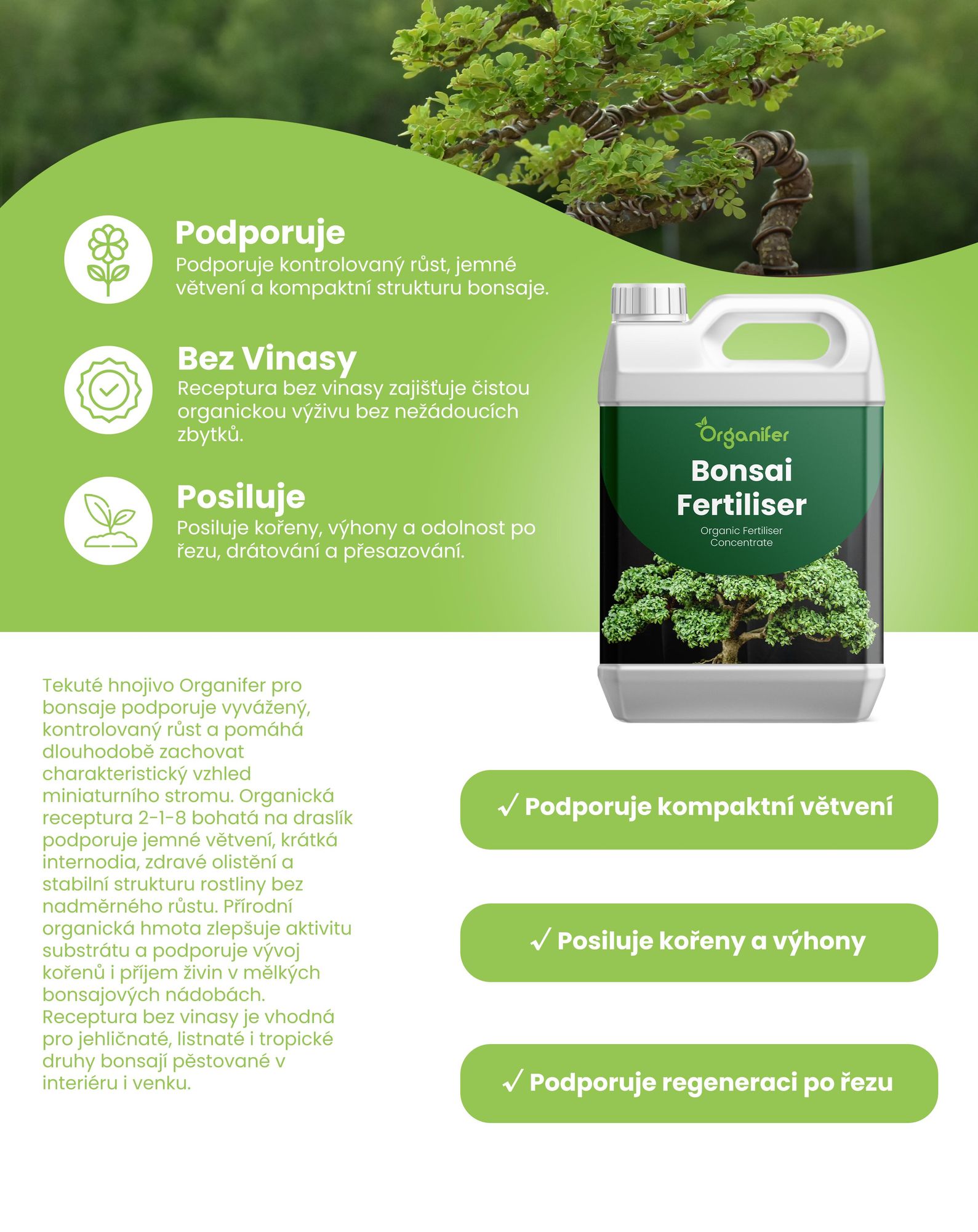 Bonsai Tekuté Hnojivo 1 L – 2-1-8 NPK – Pro Bonsai & Okrasné Rostliny – Pro Zdravé Kořeny & Kompaktný Růst – Organifer