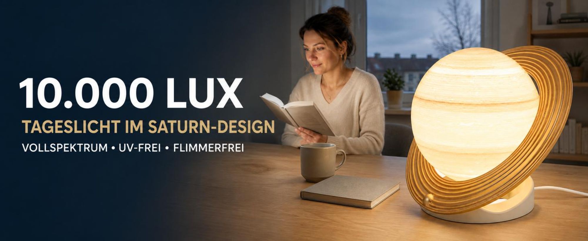 Tageslichtlampe 10000 Lux im Saturn-Design, UV-freie Vollspektrum-Lichttherapielampe, 3 Farbtemperaturen, stufenlos dimmbar, Timer, Fernbedienung,Gold