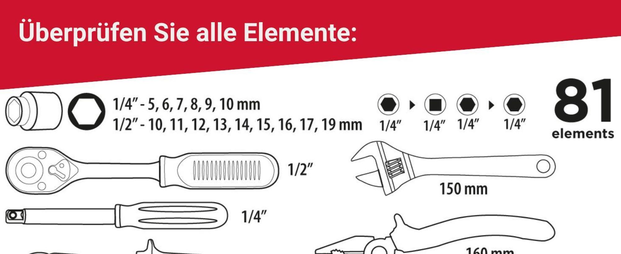 Top Tools Werkzeugset 81 tlg. mit Zangen, Schraubenschlüssel, Hammer und Bits