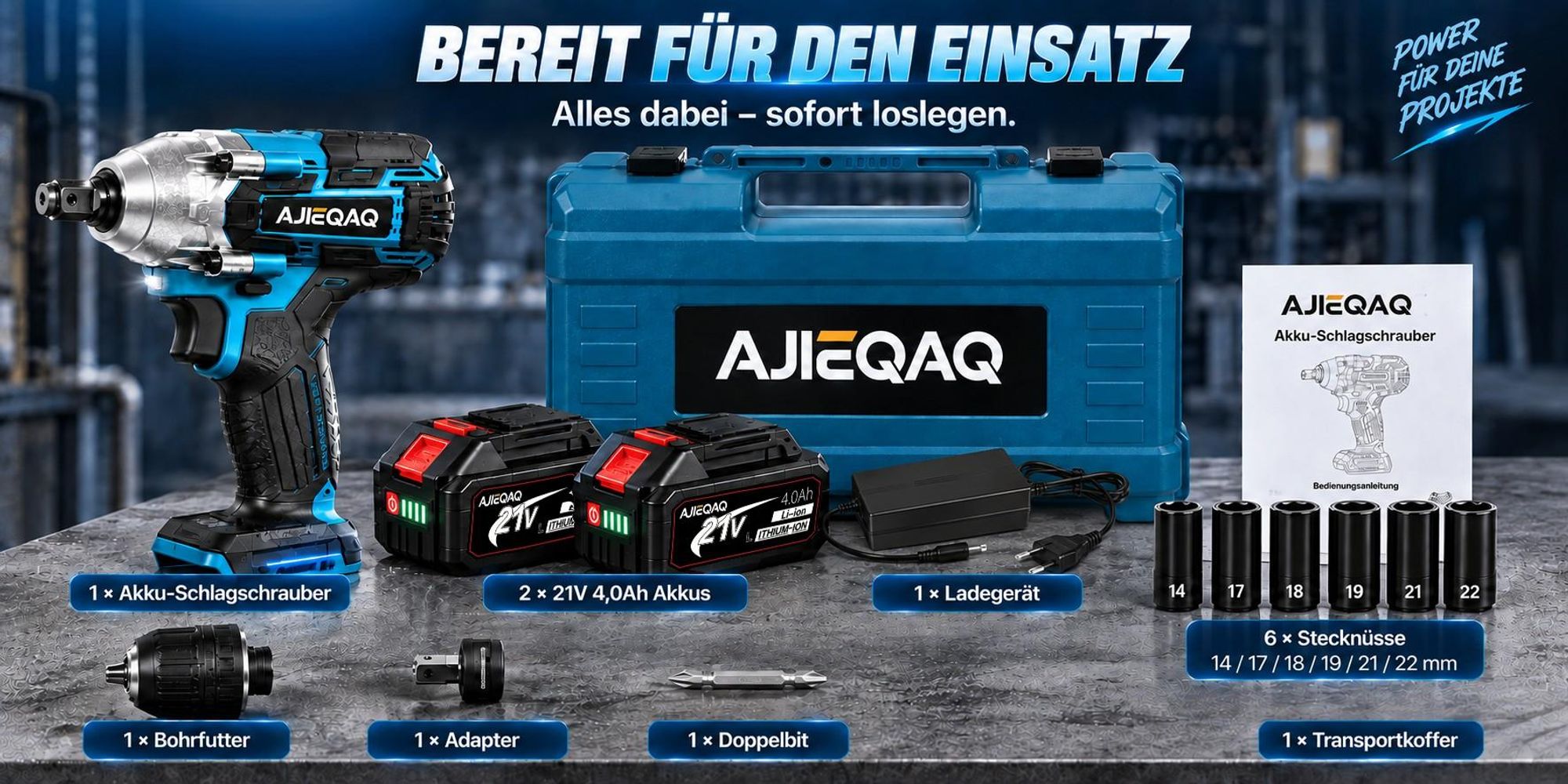 AJIEQAQ 21V Akku Schlagschrauber & Schlagbohrmaschine Brushless, 550Nm Max. Drehmoment, 2×4,0Ah Akku, 1/2 Zoll, 3-Gang, Inkl. 6 Stecknüsse & Koffer