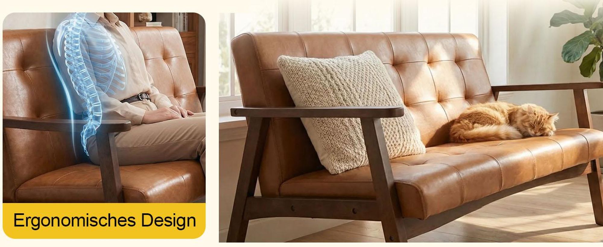 2-Sitzer skandinavisches Sofa aus Kunstleder, Armlehnen, Massivholzrahmen, für Wohn-/Schlafzimmer/Büro, Traglast 240 kg, 124x74x75 cm, Karamell