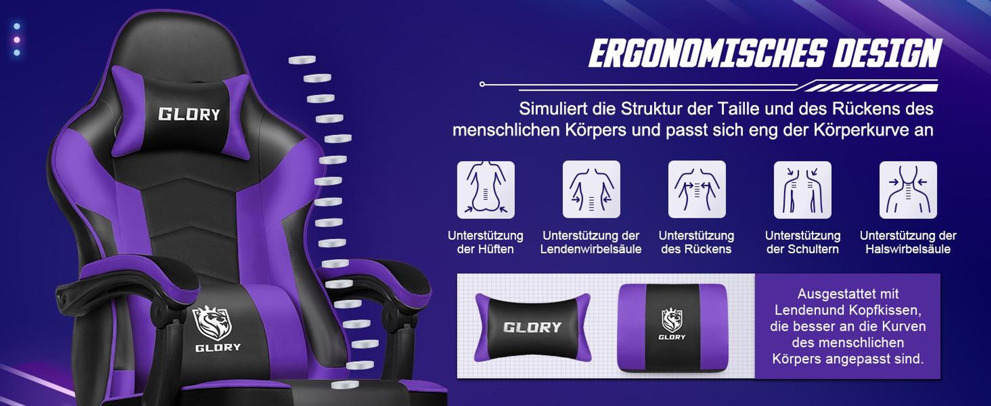 Adormii Gaming Stuhl Bürostuhl Schreibtischstuhl Ergonomischer Gaming Sessel mit Fußstütze und Lordosenstütze, Wippfunktion90°-170°, Lila
