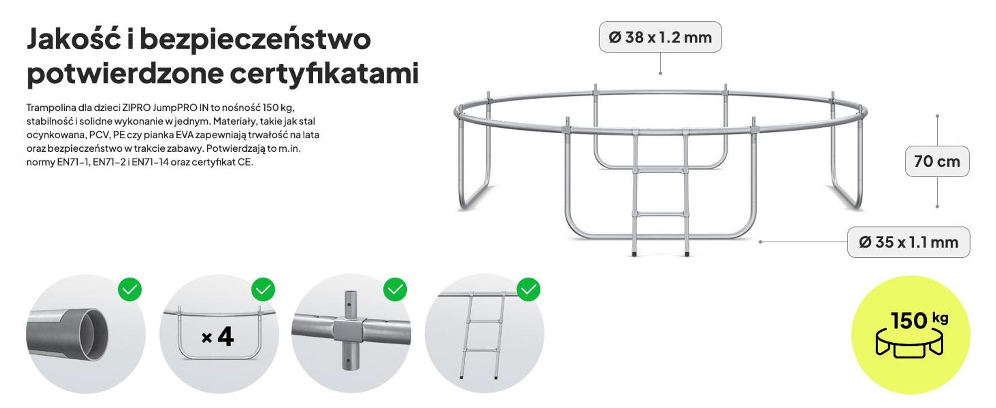 Trampolina ZIPRO Jump Pro IN | 10FT Ø 312 cm | Trampolina ogrodowa Trampolina dla dzieci Kompletny zestaw z siatką wewnętrzną, drabinką i osłoną krawędzi, do użytku na zewnątrz, zielona