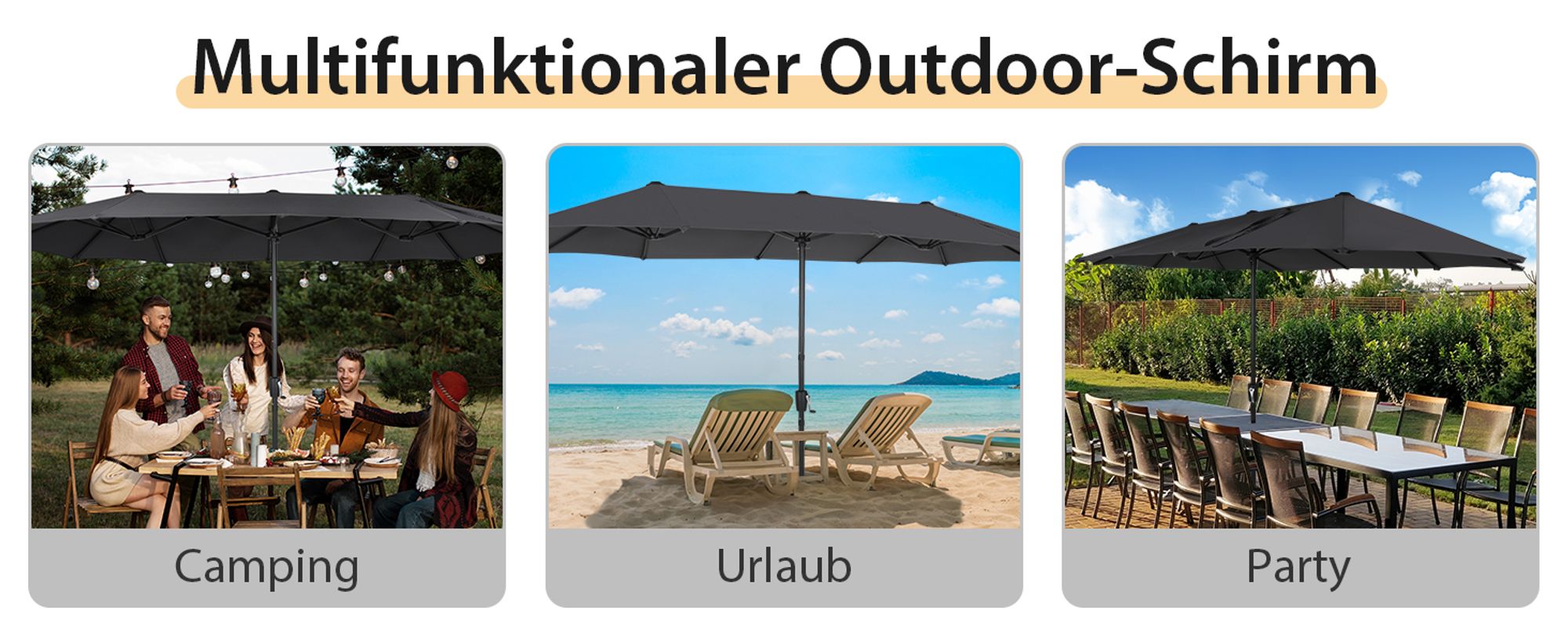 Puluomis Sonnenschirm 400 x 200 x238cm UPF 50+ mit Kurbel ohne Ständer Balkonschirm Strandschirm Marktschirm Gartenschirm grau
