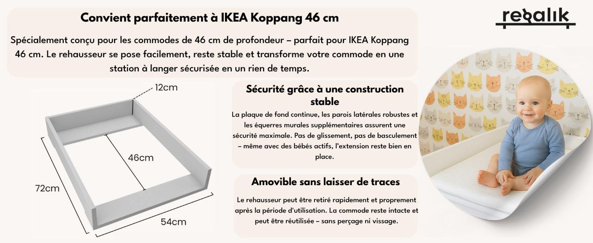 regalik Plan à Langer pour Koppang de IKEA, Extension pour Commode de 46 cm, Amovible, Plan à Langer avec Façades droits, Blanc
