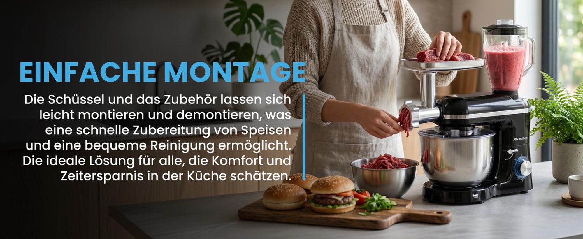 Küchenmaschine Knetmaschine Mixer mit Fleischwolf Gemüseschneider 2000W mit 6,2L Schüssel