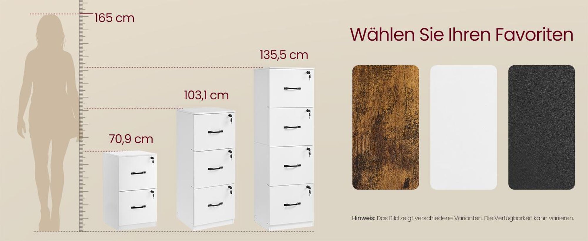 VASAGLE Aktenschrank Büroschrank, Druckerständer, mit 3 Schlösser, verstellbare Hängestange