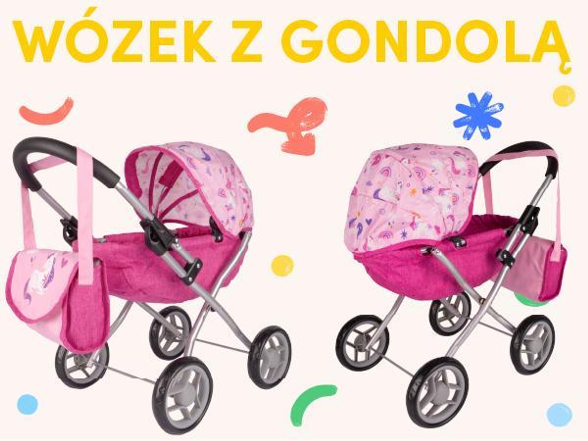 Wózek gondola dla lalek różowa z torbą i motywem jednorożca