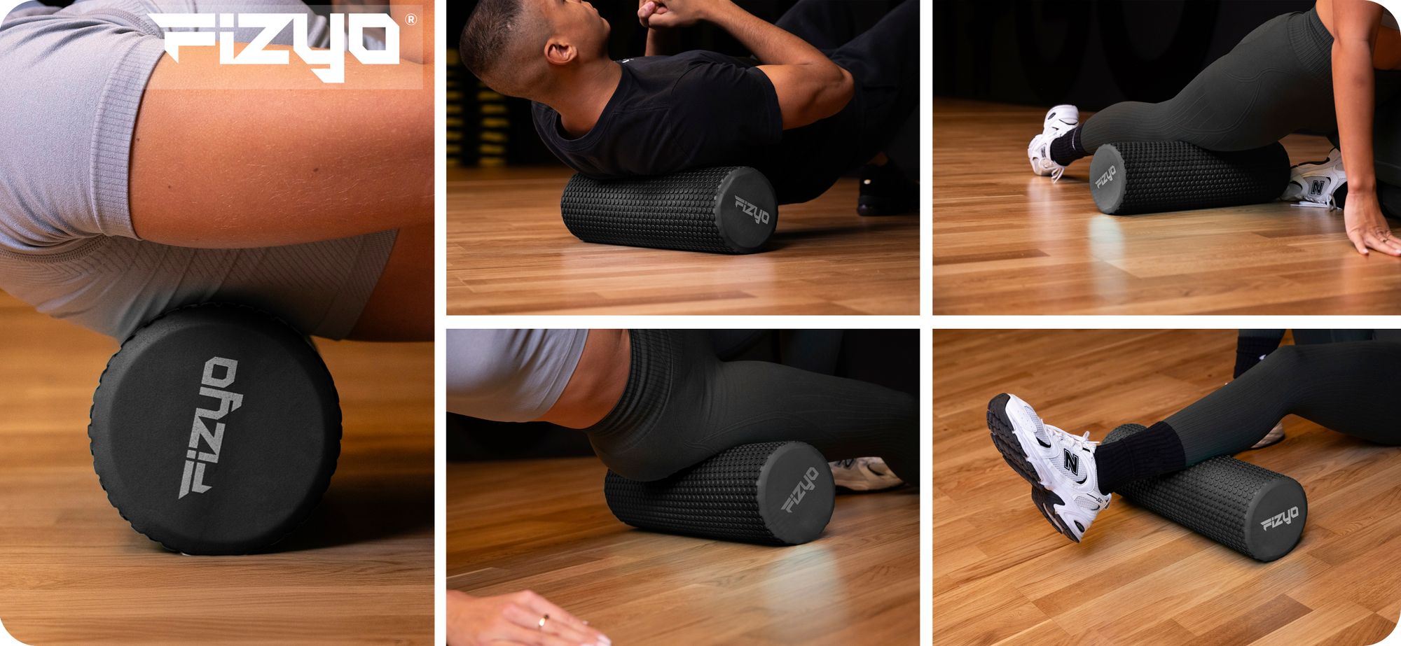 Trening Fitness z wałkiem do masażu z wypustkami 45x15 cm FIZYO — osoba wykonuje ćwiczenia