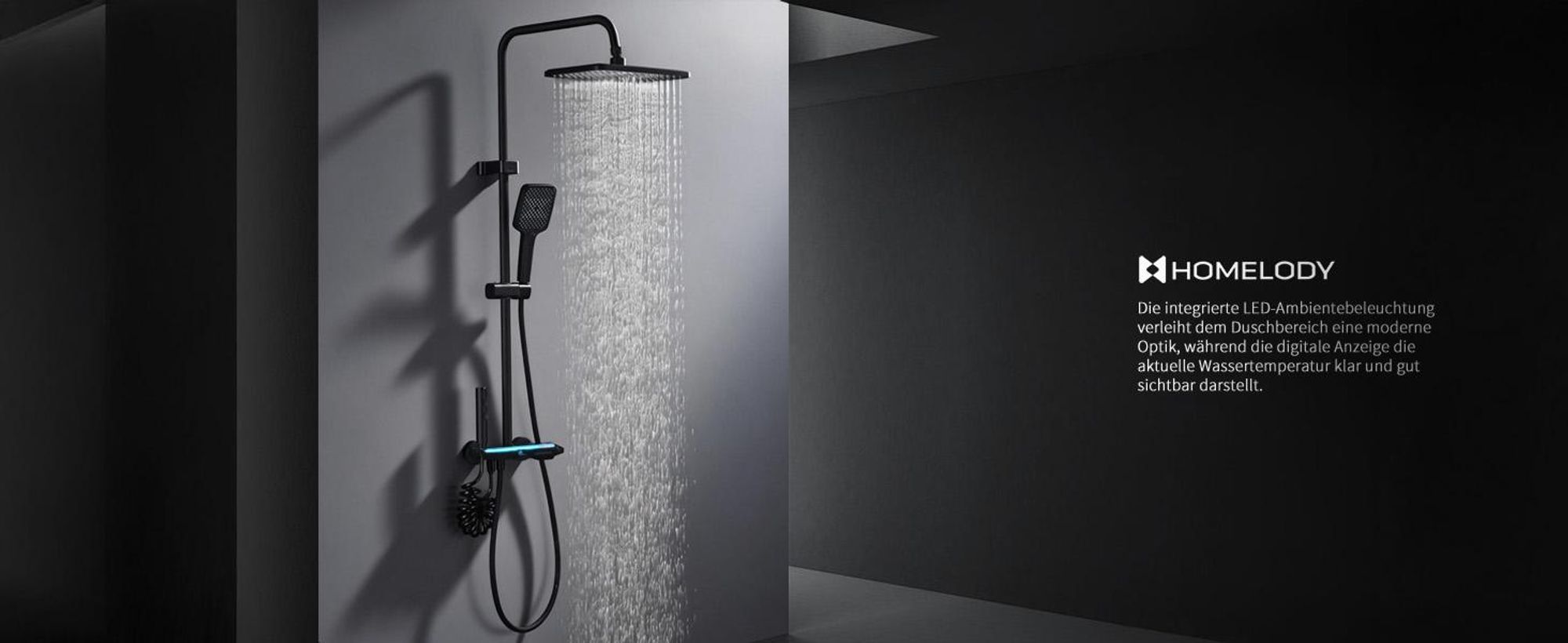 Homelody Duschsystem Messing Schwarz, 4 Wasserausgabe Modi, Duscharmatur Komplettset, Duschset Digitale Temperaturanzeige mit Atmosphärenlicht