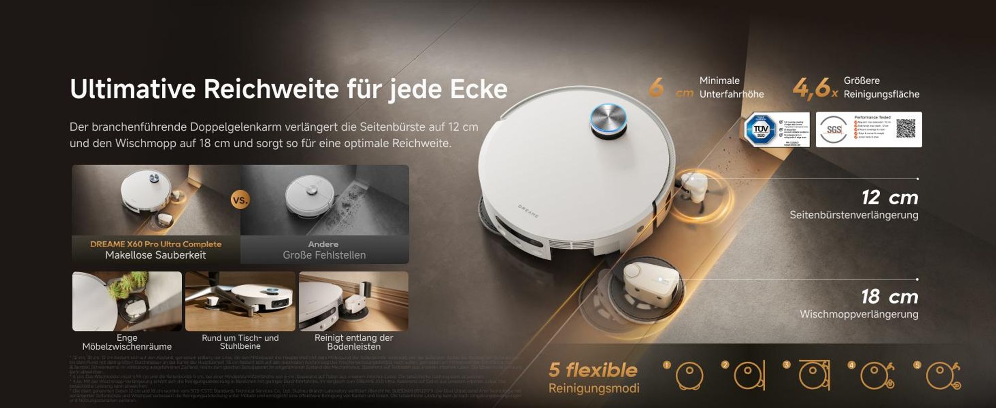 DREAME X60 Pro Ultra Complete Saug- und Wischroboter mit Wischfunktion,42KPa,DuoBrush 2.0,KI Omni 3.0,10cm Anhebung,100°C Wischmopp,100% Entwirrung