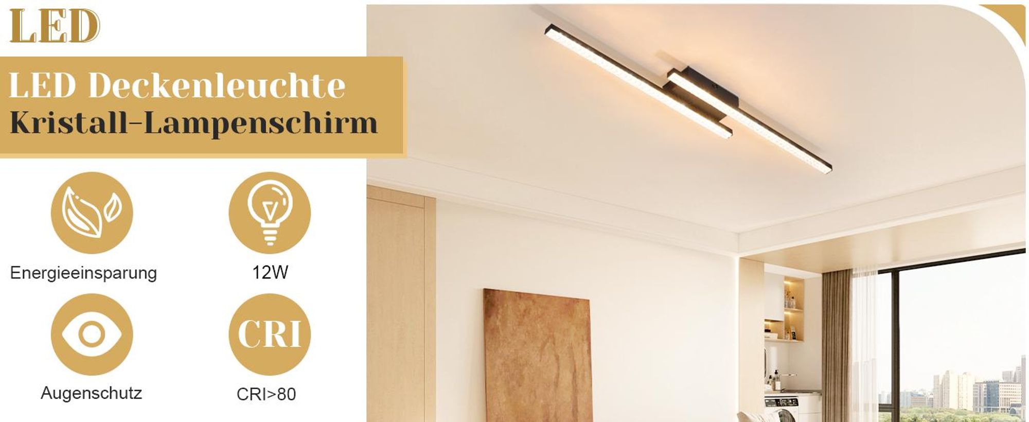 ZMH LED plafondlamp Kristal 12W warm wit, keukenlamp, plafondlamp 3000K, modern, metaal, geschikt voor slaapkamer, woonkamer, hal, zwart