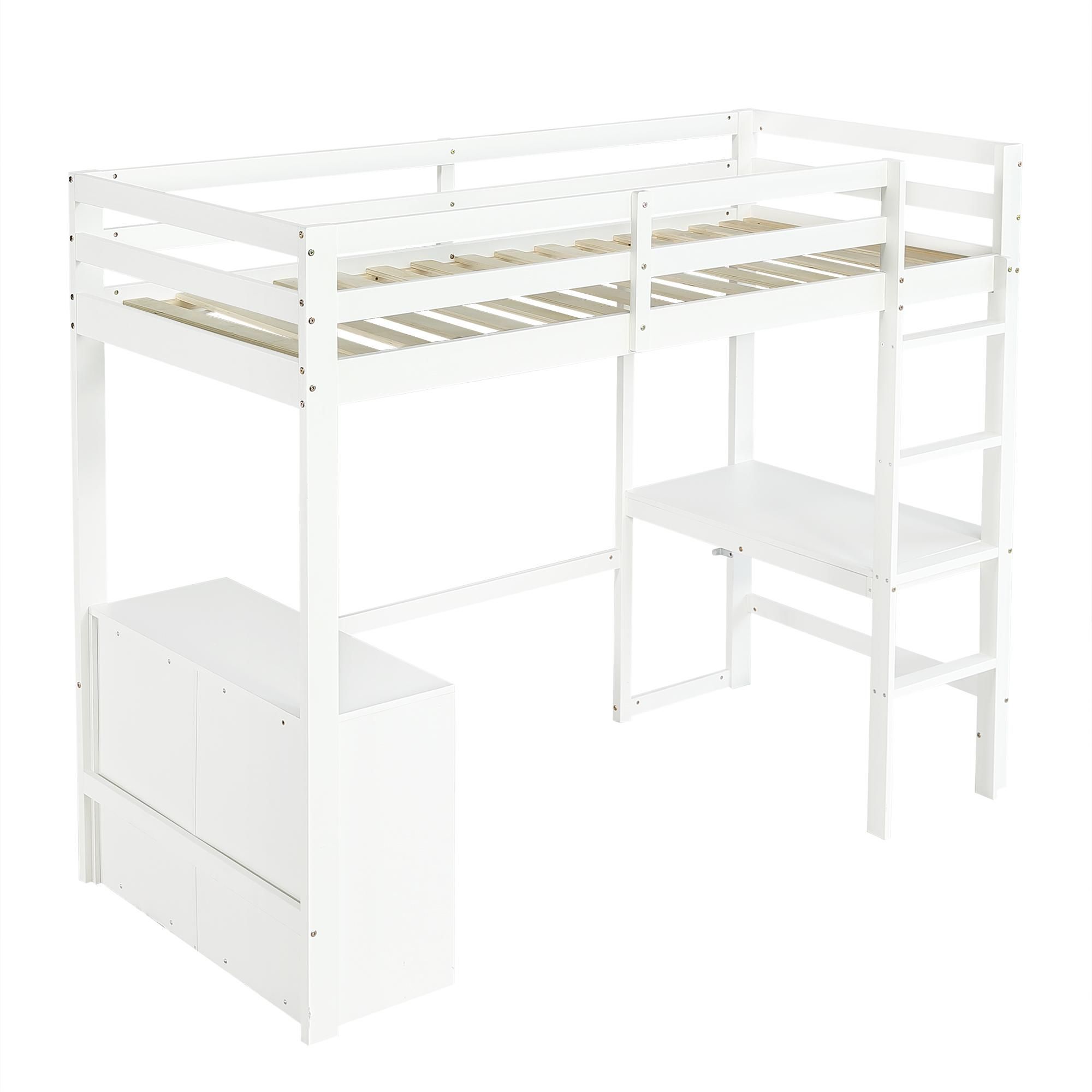 Flieks Etagenbett 90x200cm mit Schreibtisch, Hochbett mit Schrank und Schubladen, Kinderbett Einzelbett mit Leiter und Rausfallschutz, Weiß