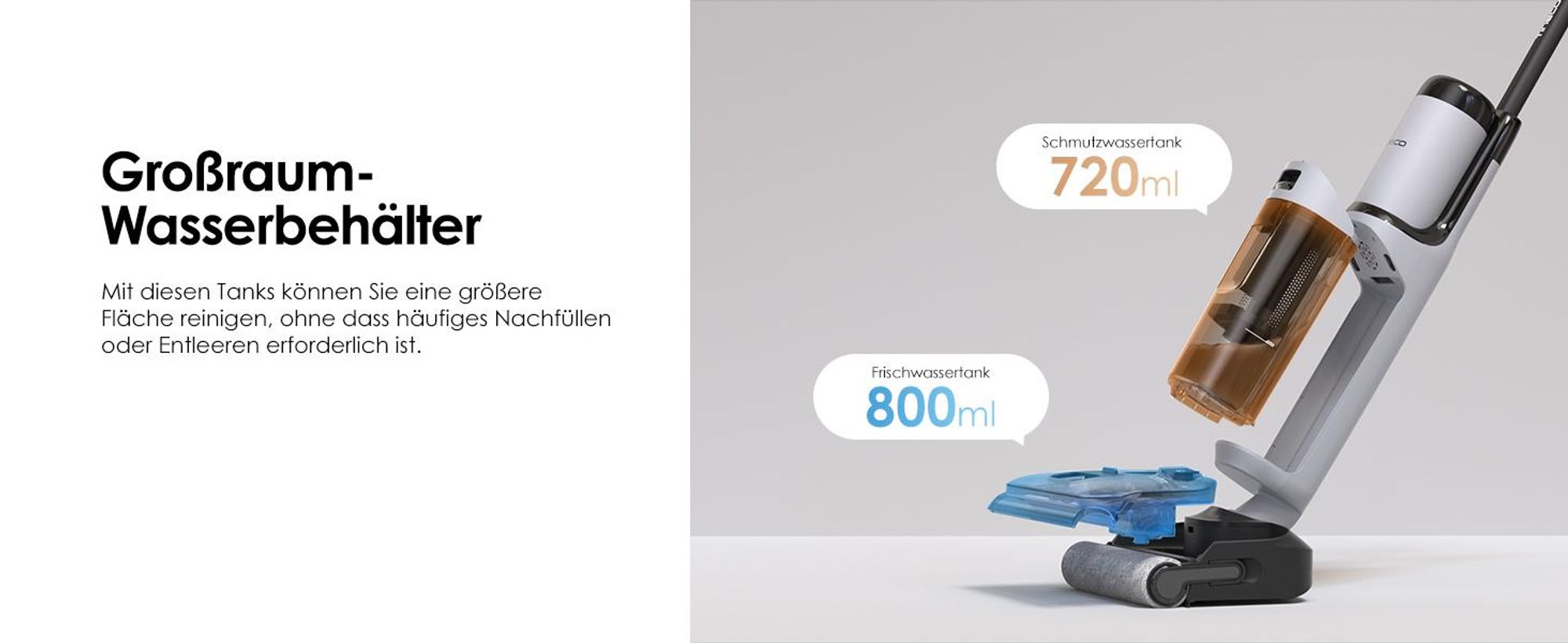 Tineco FLOOR ONE i5 Stretch Nass Trockensauger, 180° Lay-Flat Waschsauger, 20kPa Saugkraft, Beidseitige Kantenreinigung, 30 Min, Anti-Tangle