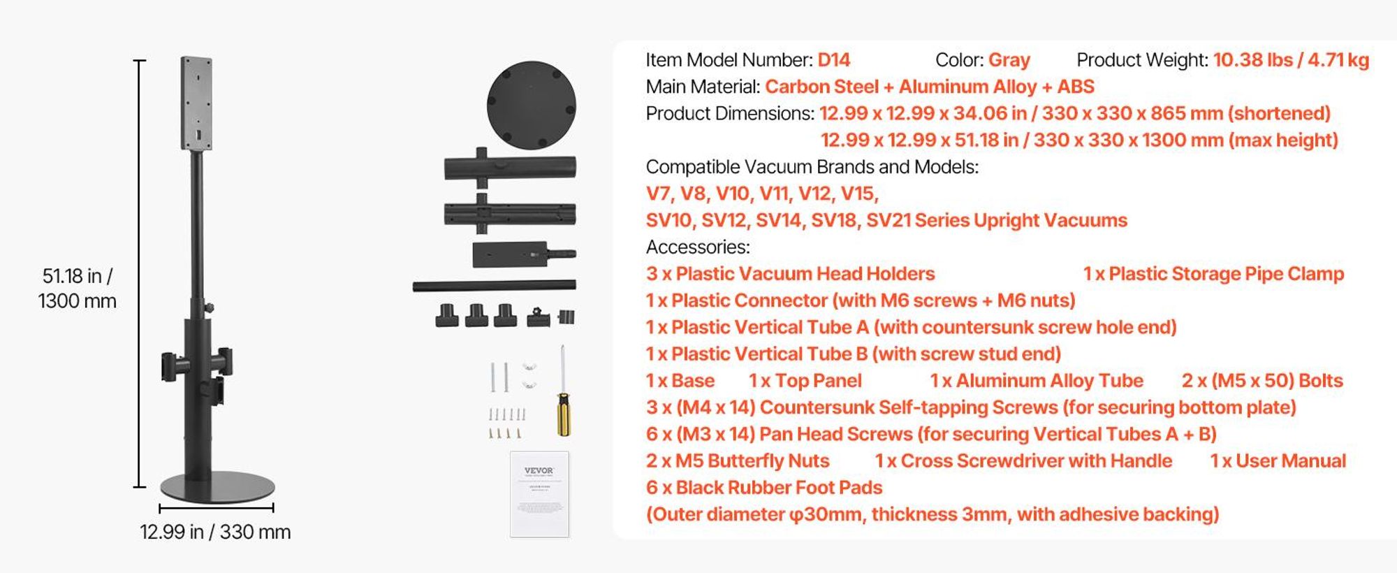 VEVOR Staubsaugerständer, Kompatibel mit Dyson V6 V7 V8 V10 V11 V15, Stabiler Staubsaugerständer mit Rädern für Dyson DC30 DC31 DC34 DC35 DC58 DC59 DC62 D74 Kabellose Bodenstaubsauger & Zubehör, Einstellbares Säulerohr, 3 Reiseclips-Grau