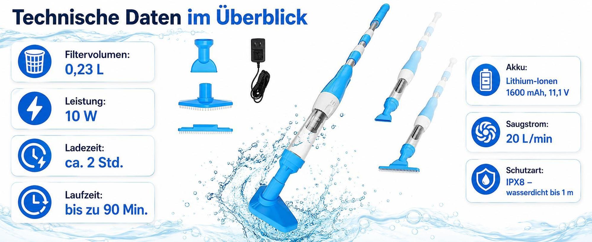 3-in-1 Kabelloser Poolsauger Akku 90 Min Laufzeit, Teleskopstange & Bürste, Mit Filterelement Sonstiges Poolzubehör, für Sand und Schmutz, 0.23L, Blau