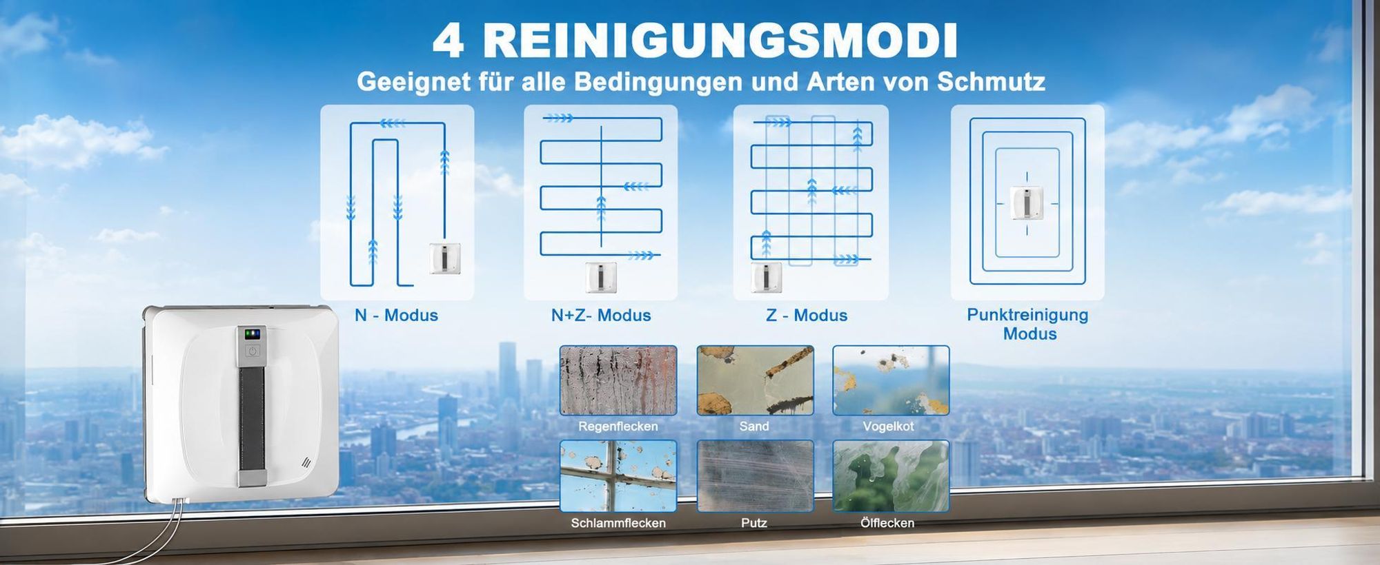 INSE Fensterputzroboter 8000 Pa, automatischer Fensterreiniger mit Wassertank, 4 Sprühdüsen, Lasersensoren, App für Fenster Glas Dusche