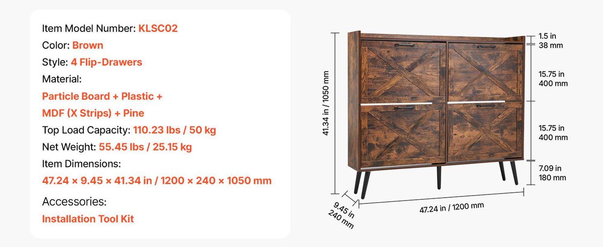 VEVOR Schuhschrank mit 4 Klappen & Kippschutz, platzsparender Schuhkipper, freistehender Schuhregal-Organizer für den Eingang Flur Wohnzimmer Veranda, Vintage Schuhregal 120 x 24 x 105 cm Braun