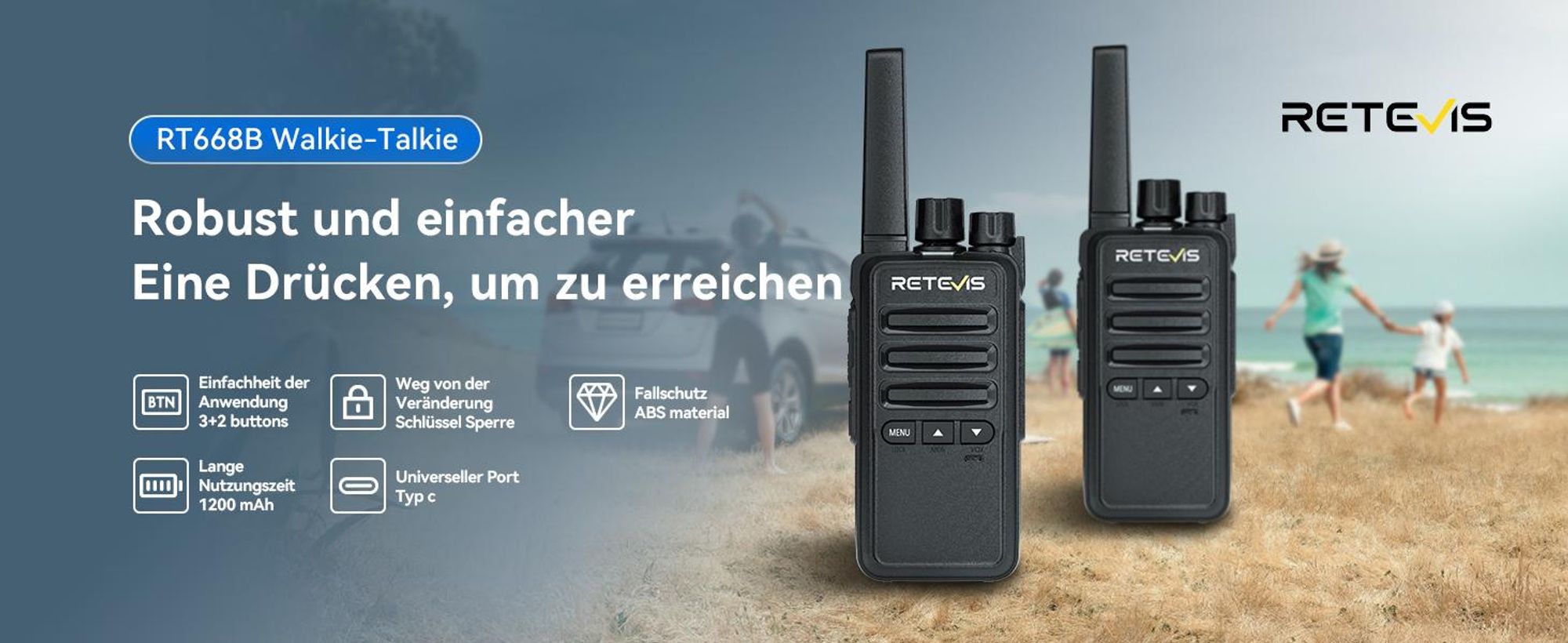 Retevis RT668B Funkgerät, PMR446 Walkie Talkie mit Ohrhörer für Erwachsene, VOX, 16 Kanäle, CTCSS/DCS, für Camping