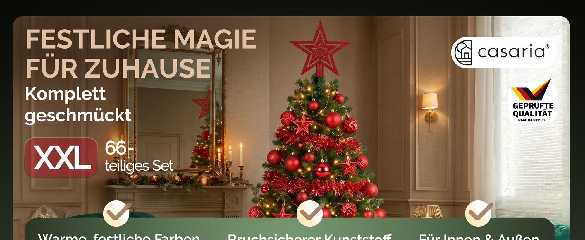 DEUBA® Weihnachtskugeln 66tlg Baumschmuck-Set mit Sternen Kunststoff Rot