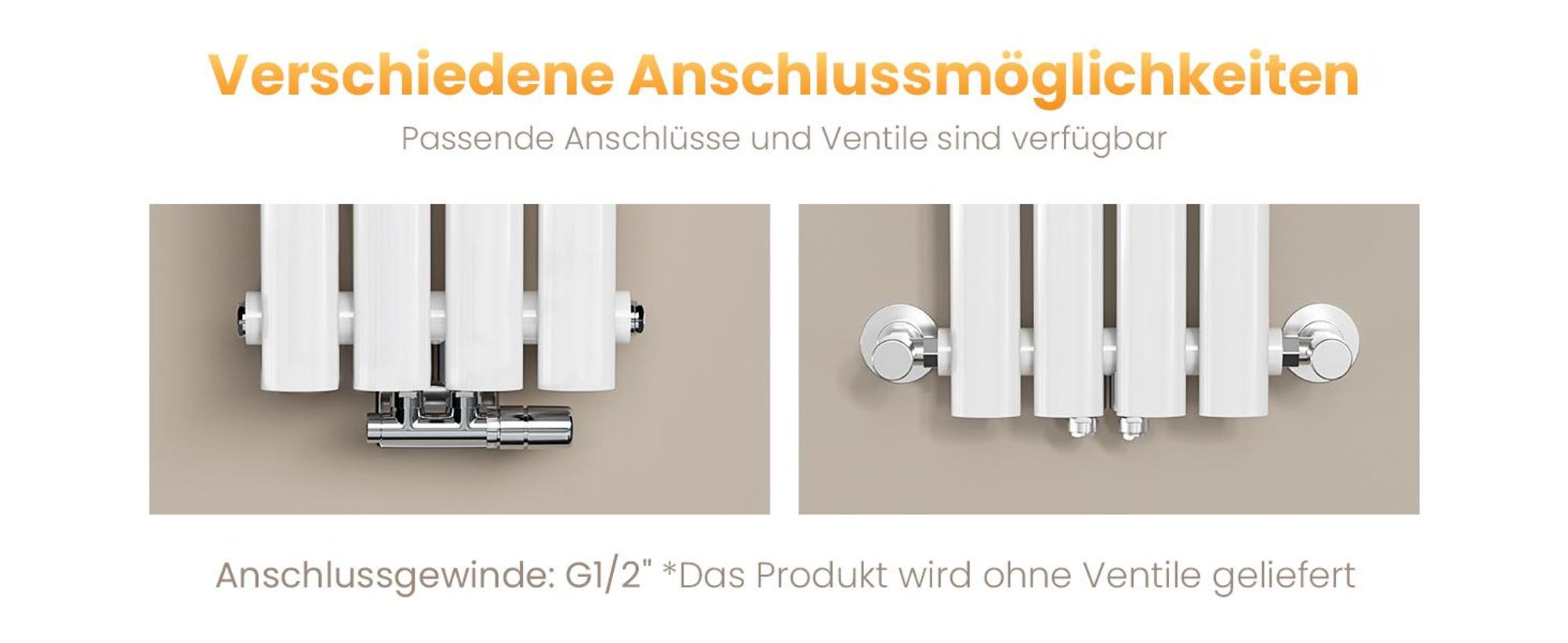 EMKE Design-Röhrenheizkörper für Warmwasserbetrieb Mittelanschluss Vertikal Oval Doppellagig 623 Watt 24cm x 160cm Weiß ohne Heizstab