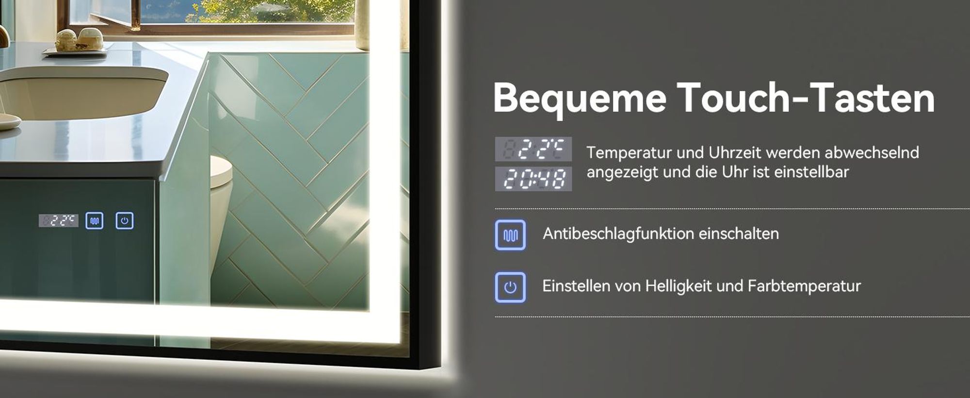 Puluomis Badspiegel 70x50 beschlagfrei mit 3 Farbe Beleuchtung, dimmbare Helligkeit, Badezimmerspiegel mit Digitaluhr, Temperatur schwarz