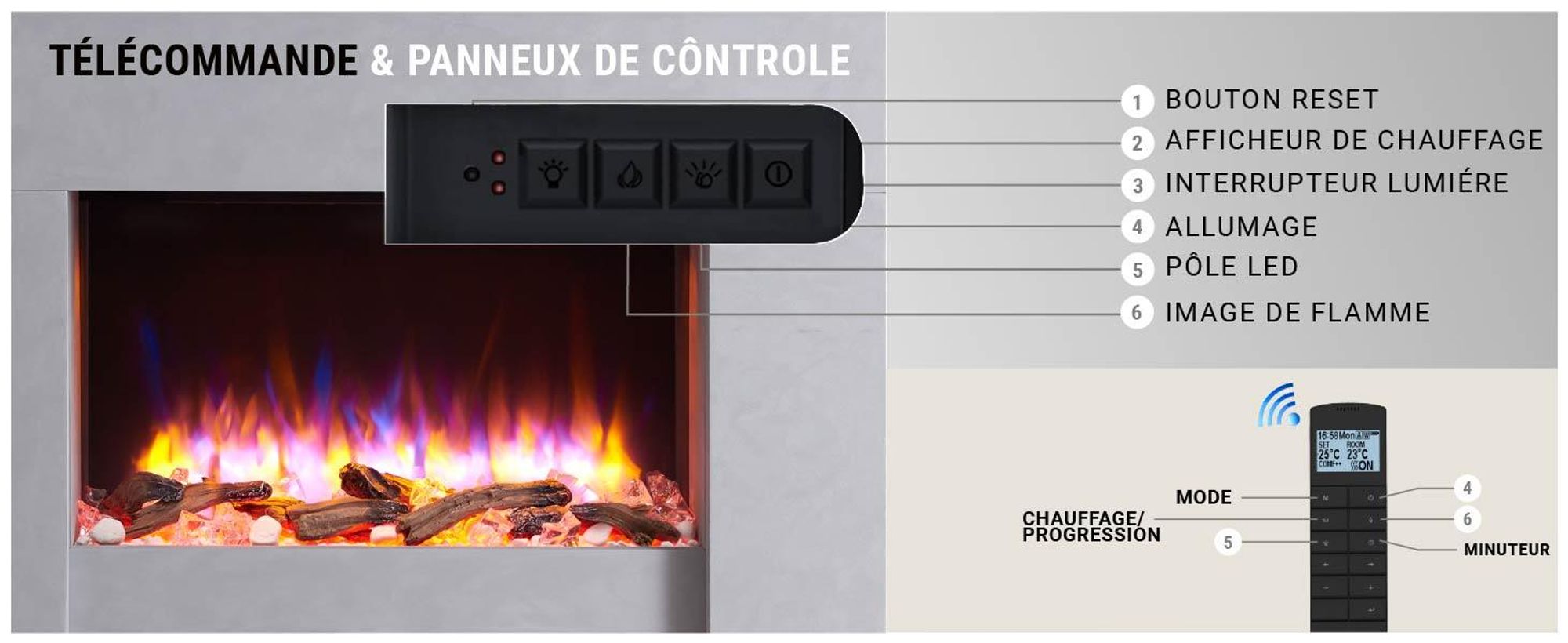 Cheminée électrique sur pied BALDERIA Naran – Puissance de chauffage jusqu'à 2 000 W, aspect béton