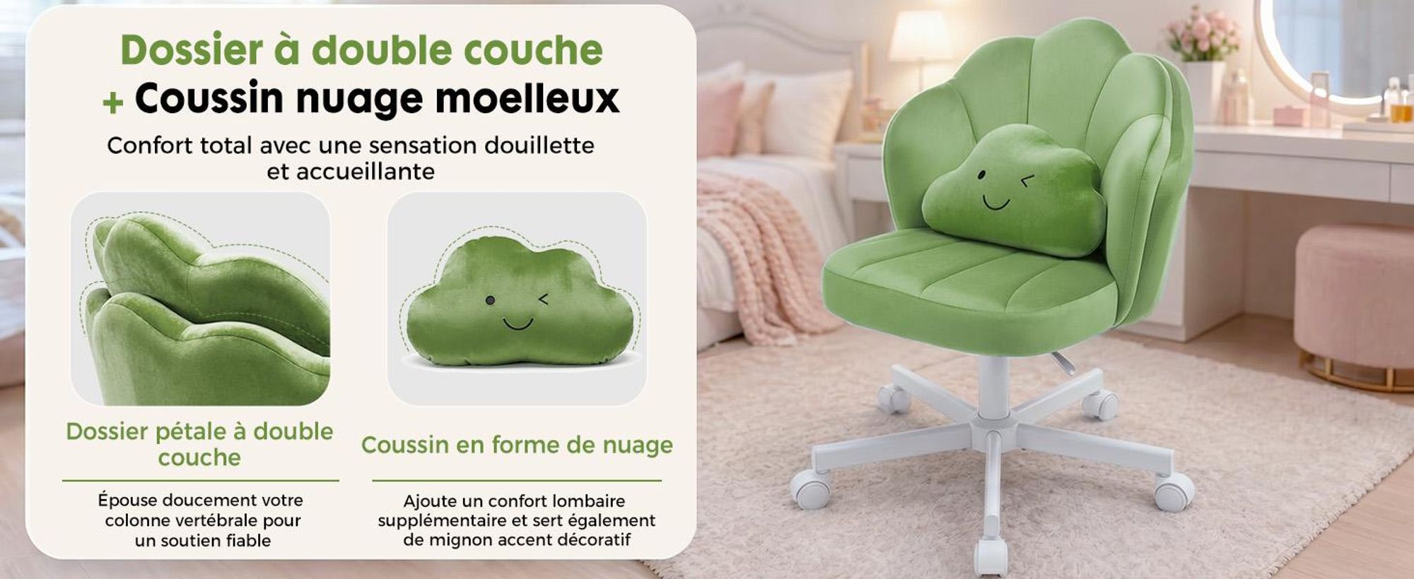 Chaise de bureau COMHOMA, chaise de maquillage, chaise de bureau à roulettes avec double dossier et coussin en forme de nuage, chaise pivotante réglable en hauteur, velours, vert