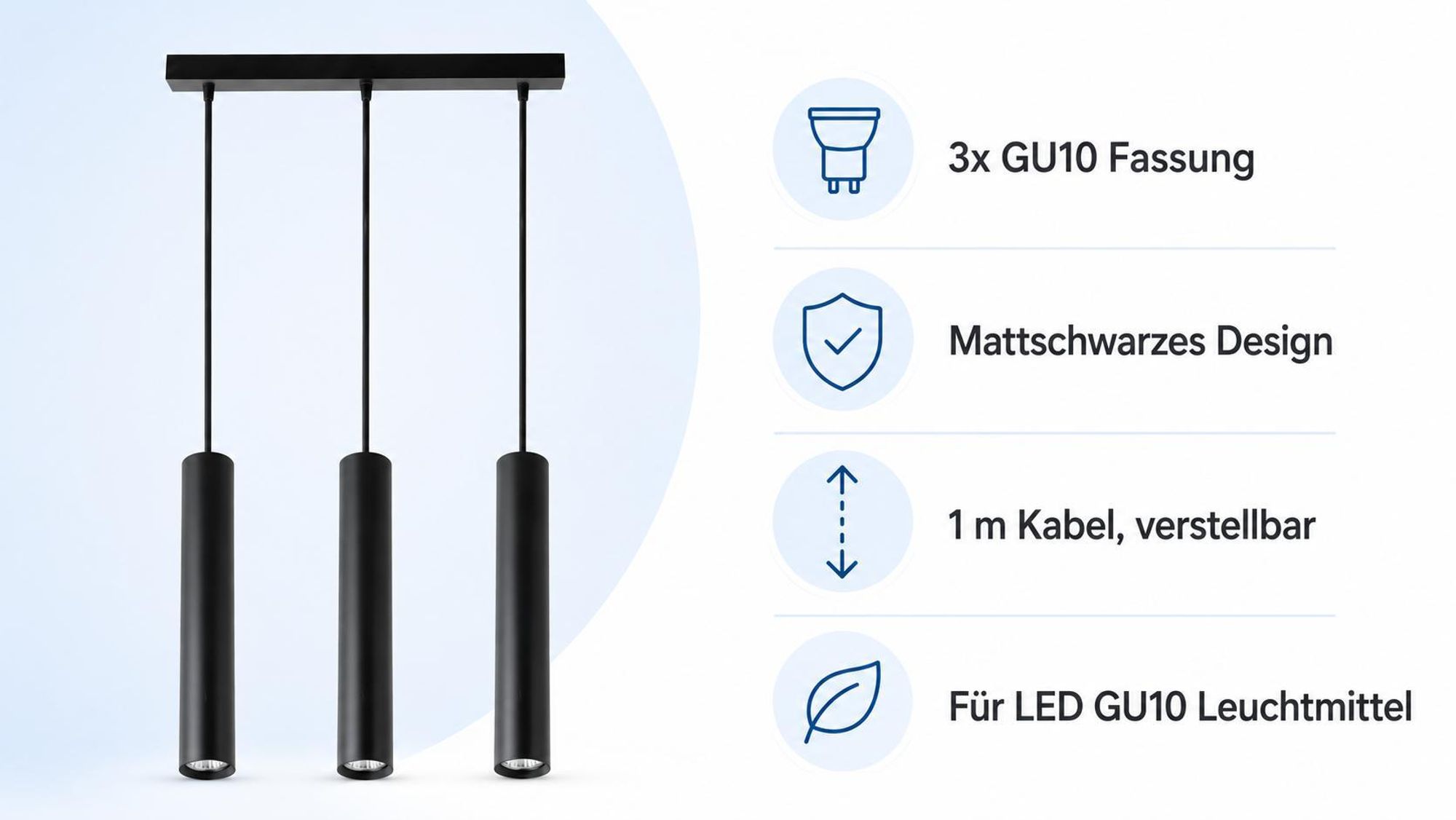 MasterLED Pendelleuchte Keon 3-flammig GU10 schwarz matt für Esstisch