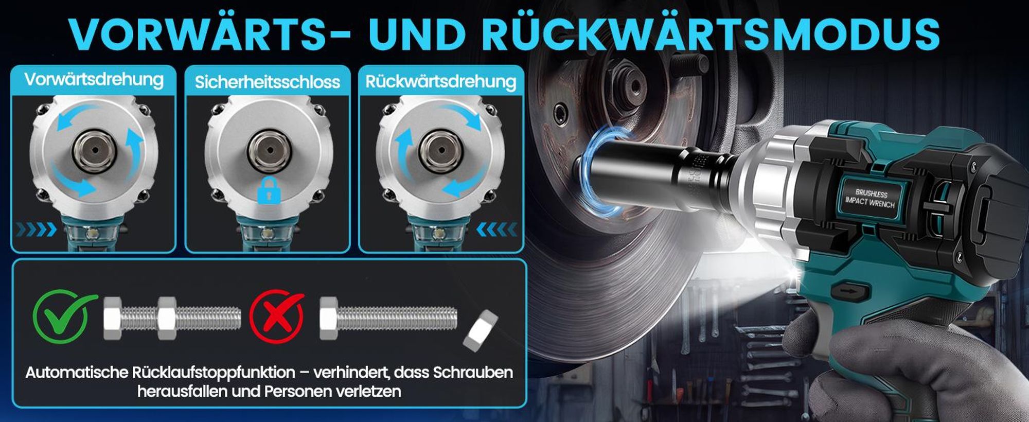 Akku Schlagschrauber 800 Nm 1/2" Bürstenloser Schlagschrauber 3200 U/min mit 2 × 4,0 Ah Akkus, Koffer, 5 Stecknüsse