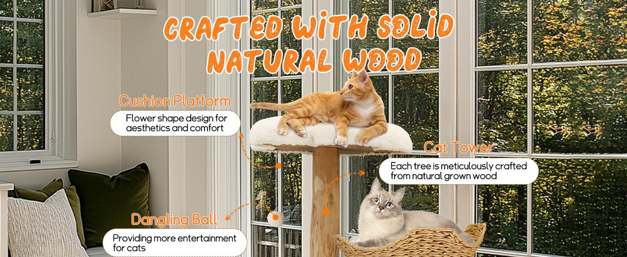 FATIVO Kratzbaum Modern Katzenbaum Holz-111cm Luxus Katzenkratzbaum mit 2 Weidenkorb Sisalstamm Sitzplattform Plüschbal für mehr Katzen