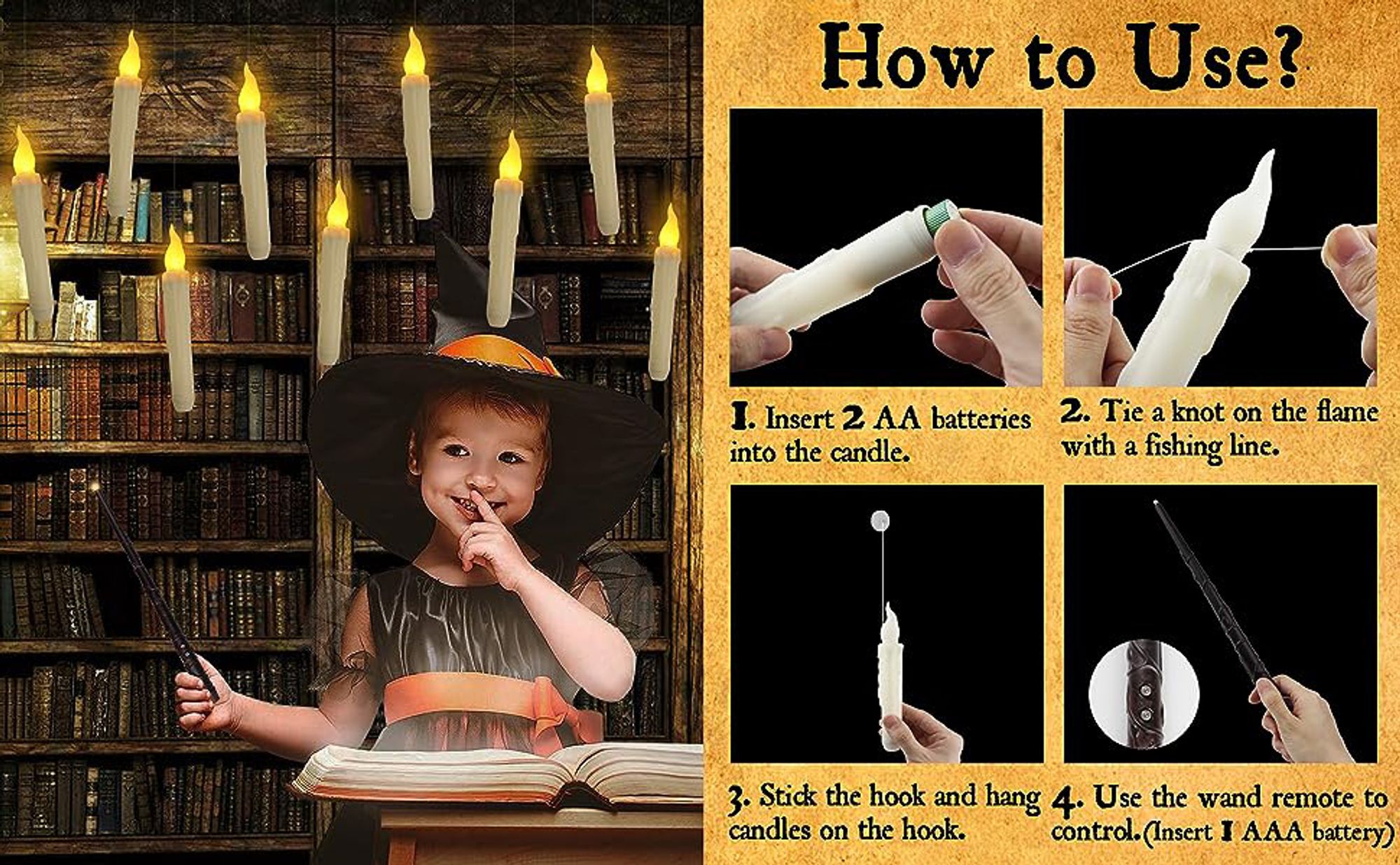 12Pack Halloween LED-Kerzen Kabellos Weihnachtskerzen LED Christbaumkerzen Fernbedienung Flackernde Flamme mit Zauberstab Warm weiß