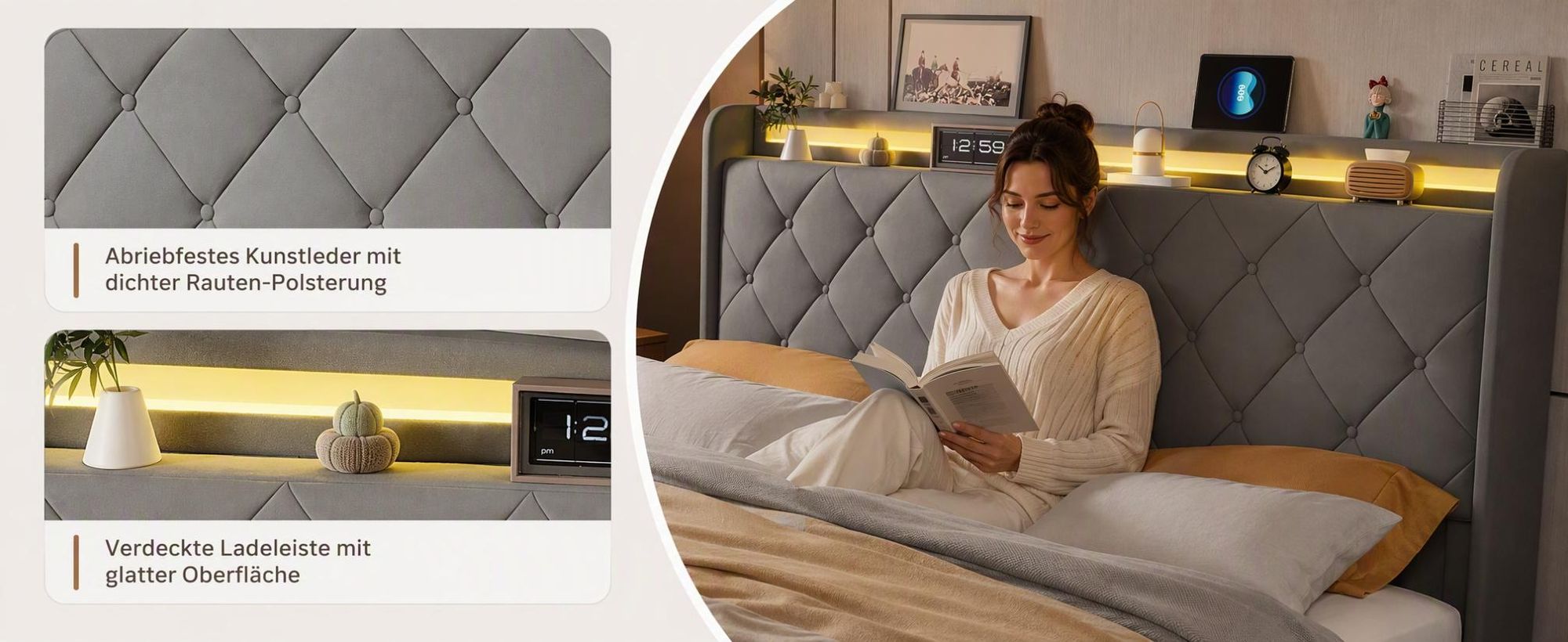 INONEFT Boxspringbett Polsterbett 160x200 mit LED & USB/C,Doppelbett Bett mit 4 Schubladen und Lattenrost,Bettgestell mit Stauraum-Kopfteil,Samt Grau