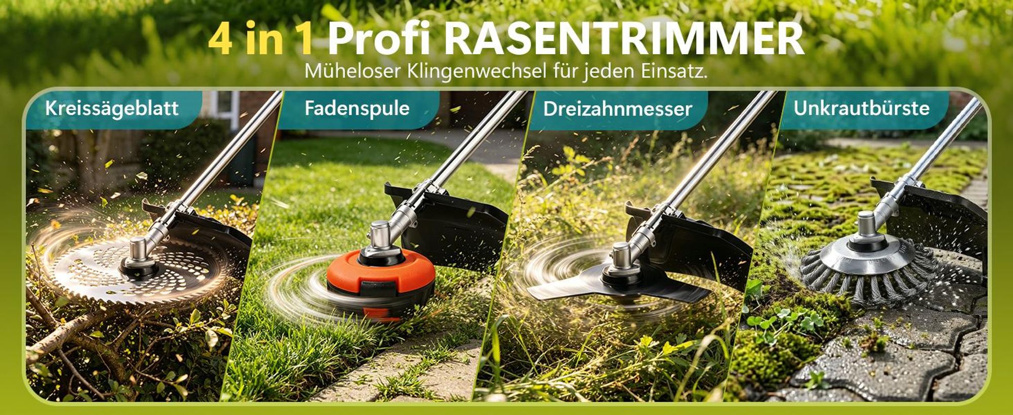 950W Akku Rasentrimmer mit 2×4000mAh 21V Akkus, 10 Zoll Schnittbreite, Bürstenloser Motor Freischneider mit Unkrautbürste & 4 in 1 Messern + Ladegerät