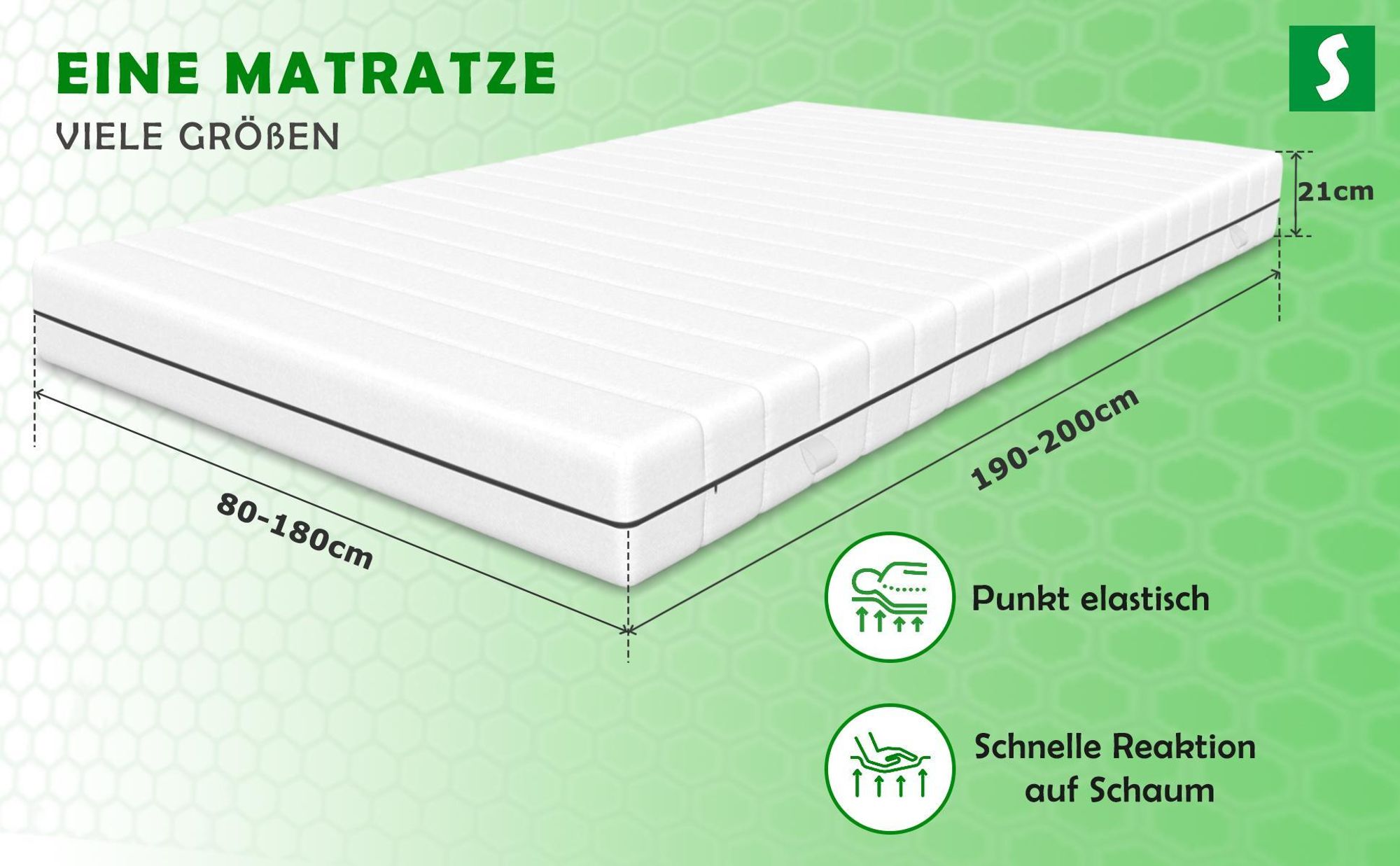 Matratze mit Maßangaben 80–180 cm Breite, 190–200 cm Länge und 21 cm Höhe