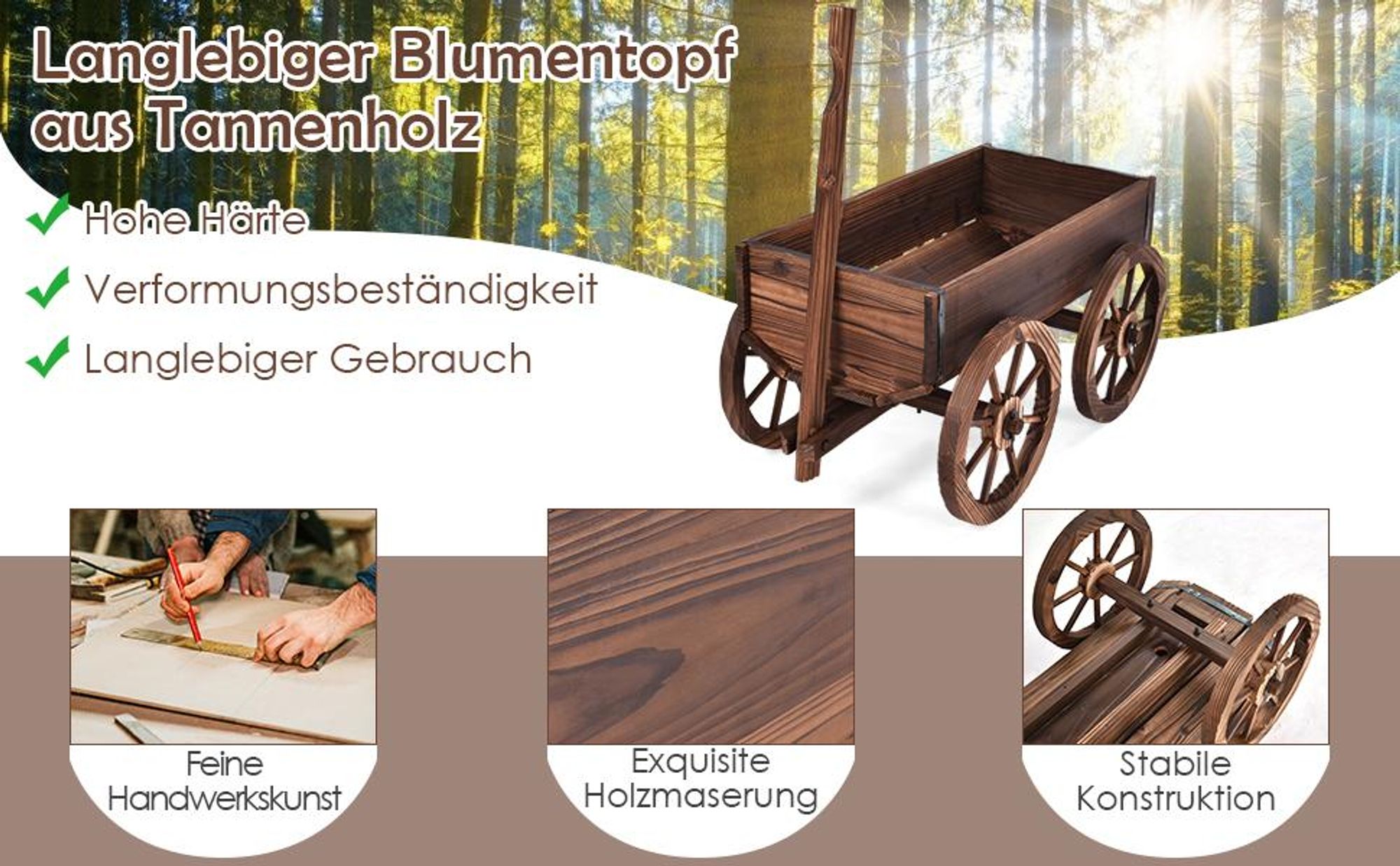 COSTWAY Pflanzwagen Holz mit 4 Rädern, Blumenwagen mit verstellbarem Griff & Drainagelöchern, Blumenkarre, Garten Dekoration, 120x43x53,5cm, Braun