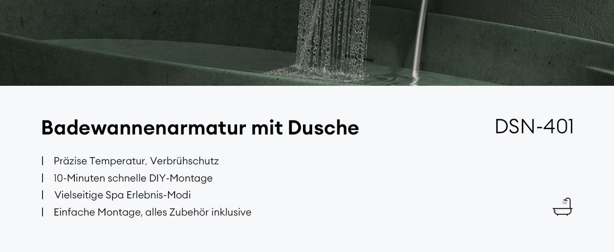 Mai & Mai Badewannenarmatur mit Handbrause Wasserfall Wannenarmatur 5 Strahlarten Duschbrause mit Unterauslauf Handbrause aus Messing Silber DSN-401