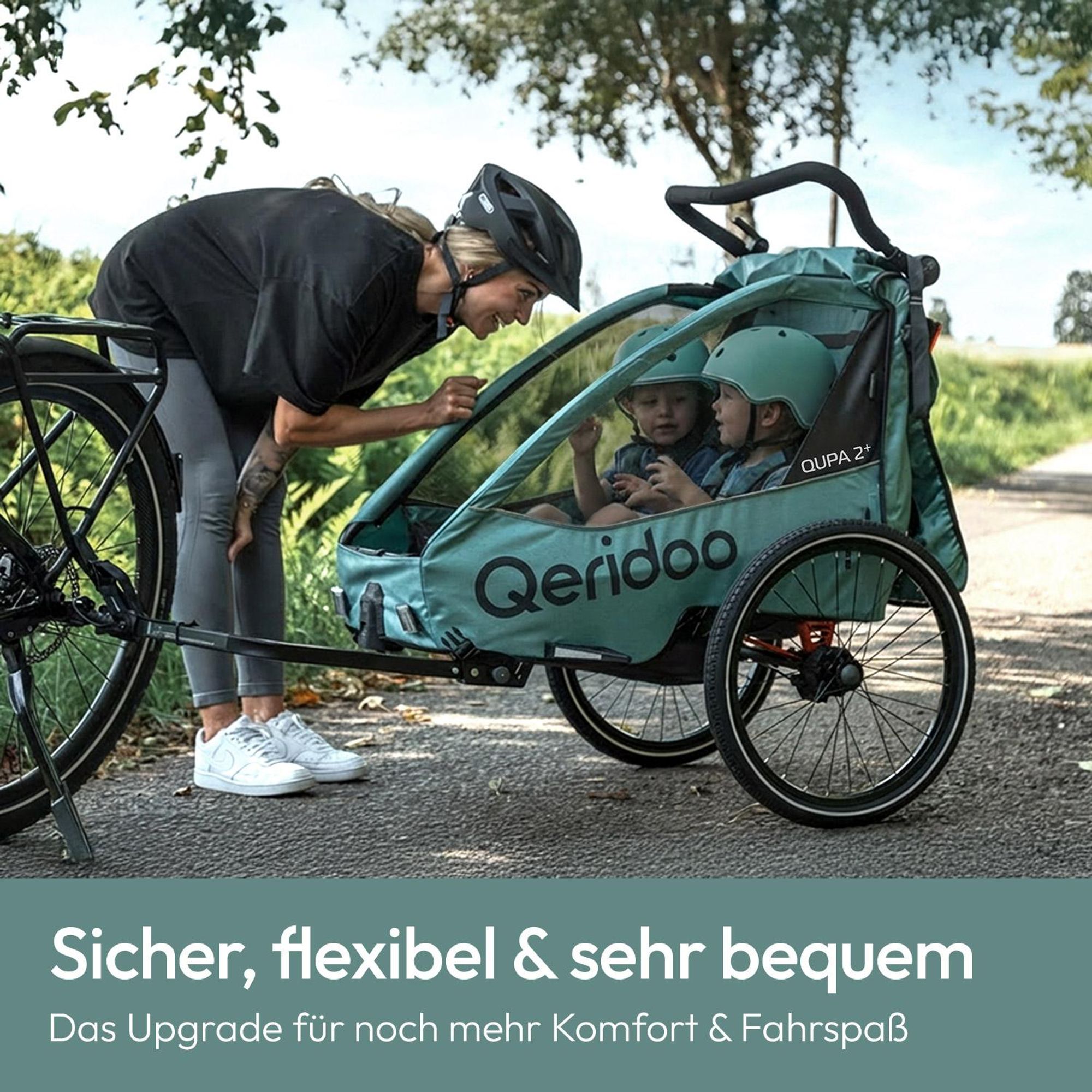 Qeridoo QUPA Plus 2 - Kinderfahrradanhänger für 2 Kinder, Farbe: Mineral Blue