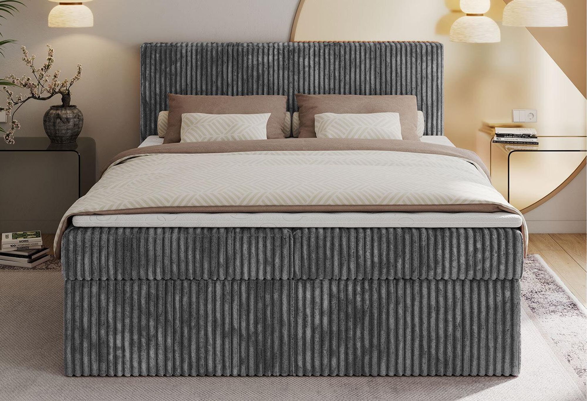 Foto von Boxspringbett. Bett aus grau Cordstoff